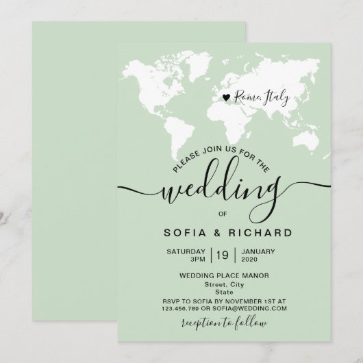 Simple carte du monde aquarelle pour mariage de de (Devant / Derrière)