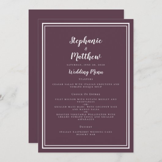 Simple Cassis violet Mariage Menu Classic encadré (Devant / Derrière)