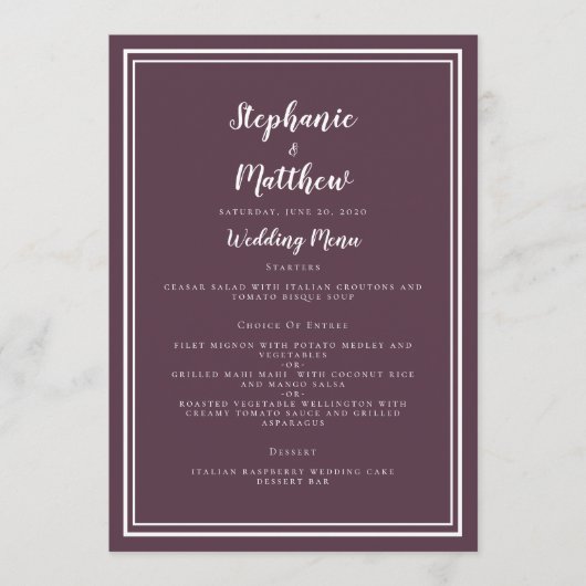 Simple Cassis violet Mariage Menu Classic encadré (Devant)
