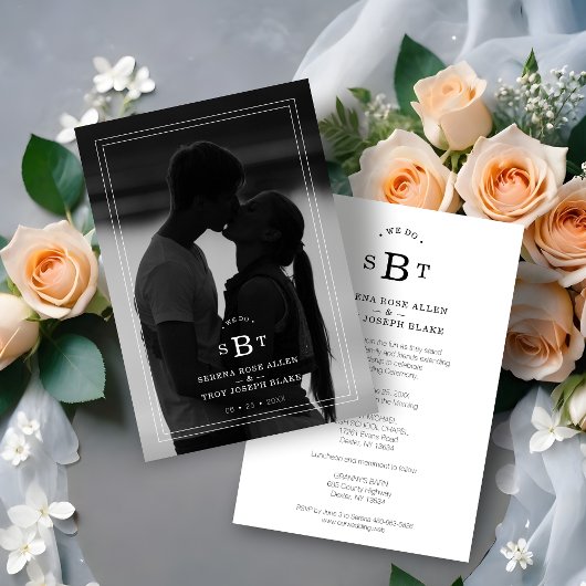 Simple Chic Black & White Photo Initials Wedding Save The Date
