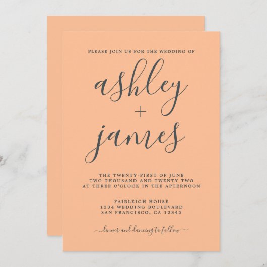 Simple Chic Calligraphie Orange Faire-part de mari (Devant / Derrière)