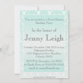 Simple Chic Mint Damask Invitation d'anniversaire (Dos)