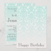 Simple Chic Mint Damask Invitation d'anniversaire (Devant / Derrière)