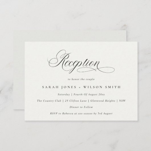 Simple Chic Script Black White Wedding Reception Informatiekaartje (Voorkant / Achterkant)