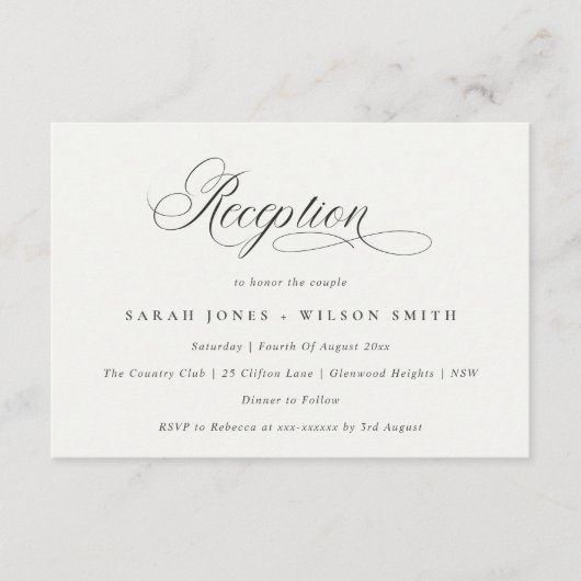 Simple Chic Script Black White Wedding Reception Informatiekaartje (Voorkant)