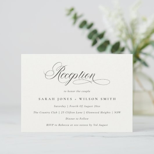 Simple Chic Script Black White Wedding Reception Informatiekaartje (Staand voorkant)