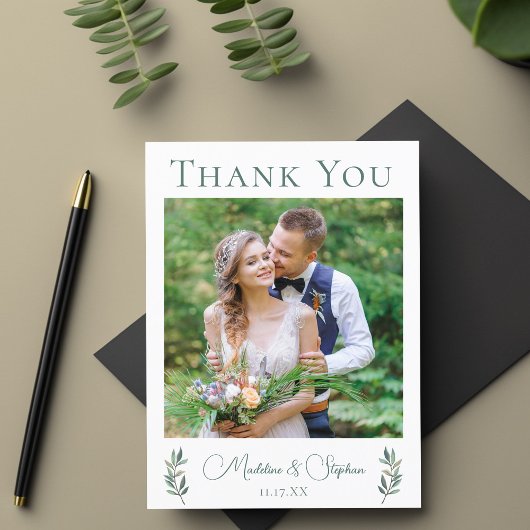 Simple Chic Weduwfoto Botanical Leaf Bedankt Briefkaart