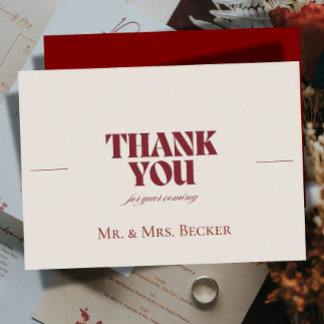 Simple classic Burgundy wedding thank you cards Bedankkaart