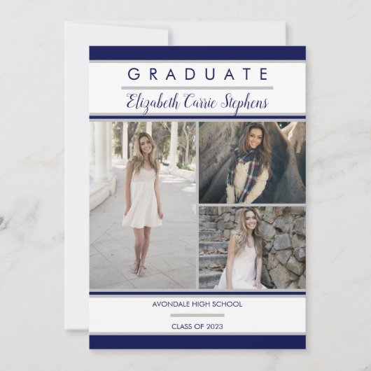 Simple Classy 3Photo Blue | Witte Afstuderen Aankondiging (Voorkant)