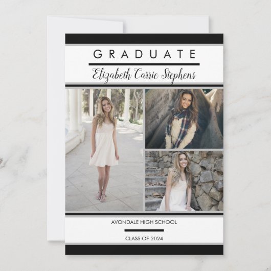 Simple Classy Three Photo Black | Witte Afstuderen Aankondiging (Voorkant)