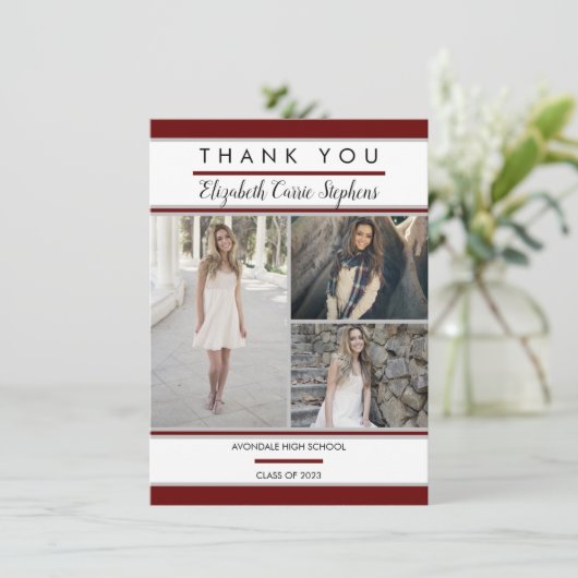 Simple Classy Three Photo Maroon |Witte Afstuderen Bedankkaart (Staand voorkant)