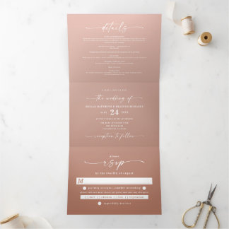 Simple Clay Terracotta & Blush Pink Ombre Wedding Drieluik Uitnodiging