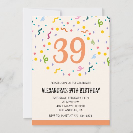 Simple Confetti 39e anniversaire invitations Moder (Devant)