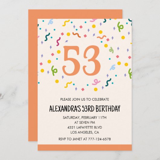 Simple Confetti 53e anniversaire invitations Moder (Devant / Derrière)