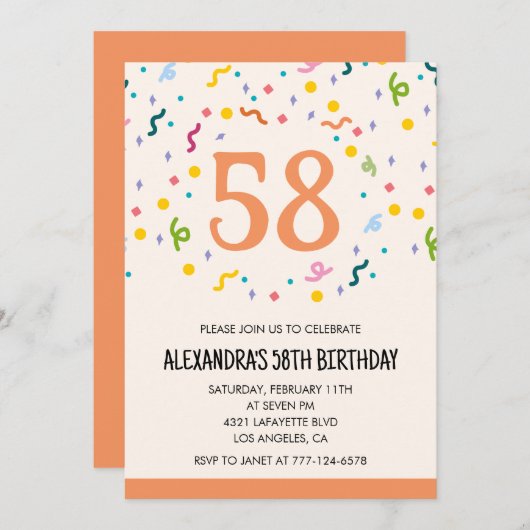 Simple Confetti 58e anniversaire invitations Moder (Devant / Derrière)
