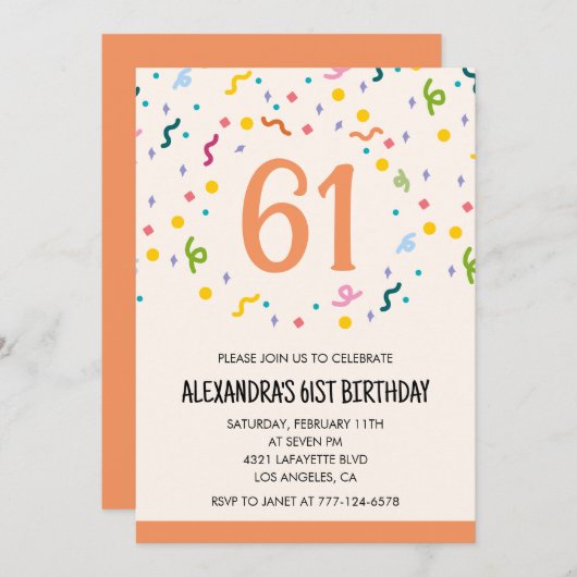 Simple Confetti Invitations de 61e anniversaire Mo (Devant / Derrière)