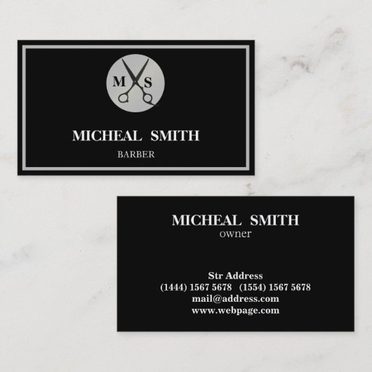 Simple Cool Retro Barber Monogram Scissors Visitekaartje (Voorkant / Achterkant)