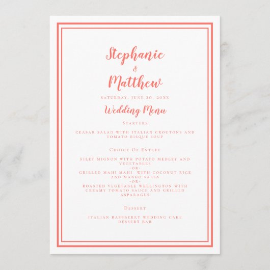 Simple Corail Blanc Mariage Réception Menu Dîner (Devant)