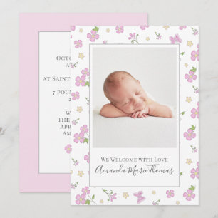 Simple Cute Whimsical Floral Photo Pink Girl Aankondiging