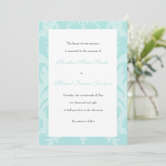 Simple Damask Robin's Egg Blue Faire-part de maria (Debout devant)