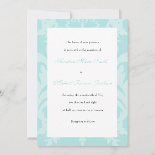 Simple Damask Robin's Egg Blue Wedding Invitation Kaart (Voorkant)