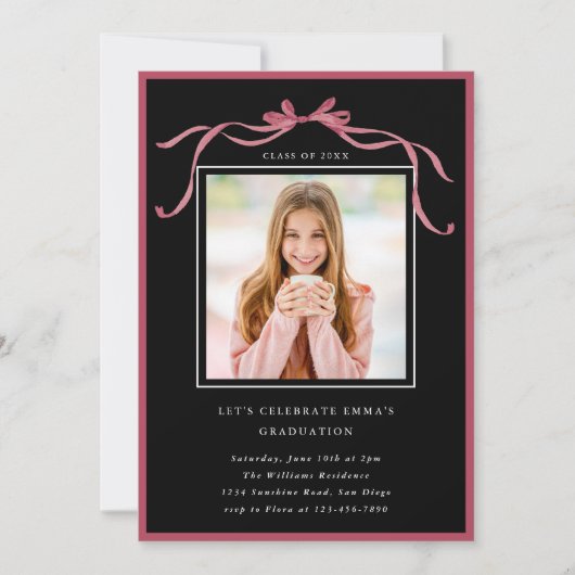 Simple Deep Blush Bow Graduation Party Photo Black Kaart (Voorkant)