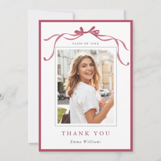 Simple Deep Blush Ribbon Bow Graduation Photo Bedankkaart (Voorkant)