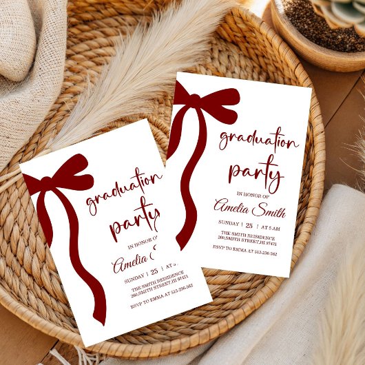 Simple  Deep Red Bow graduation party invitation