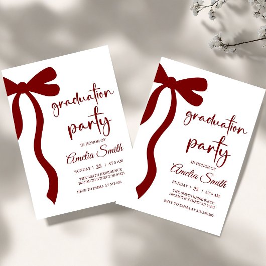 Simple Deep Red Bow graduation party invitation