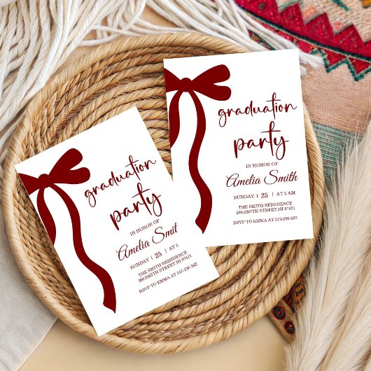 Simple  Deep Red Bow graduation party invitation