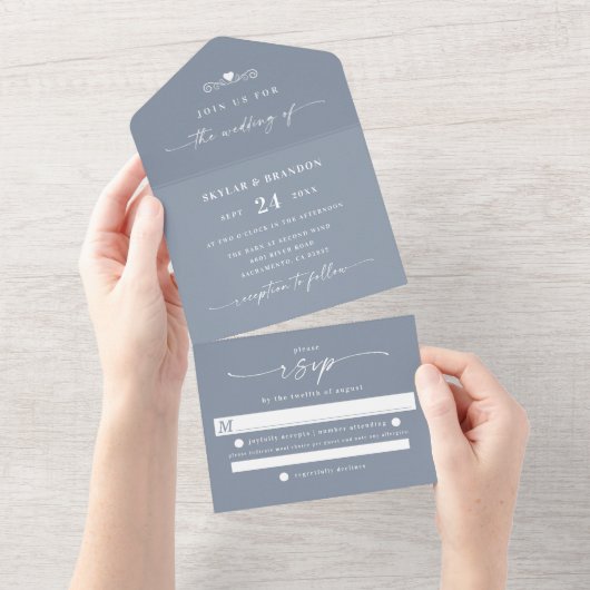 Simple Dusty Blue Elegant Calligraphy Wedding All In One Uitnodiging (Afscheurbaar)