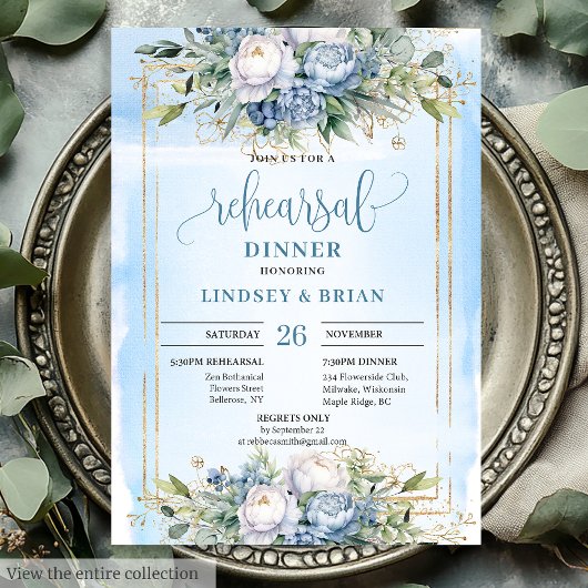 Simple Dusty Blue Floral Gold Frame Invitation