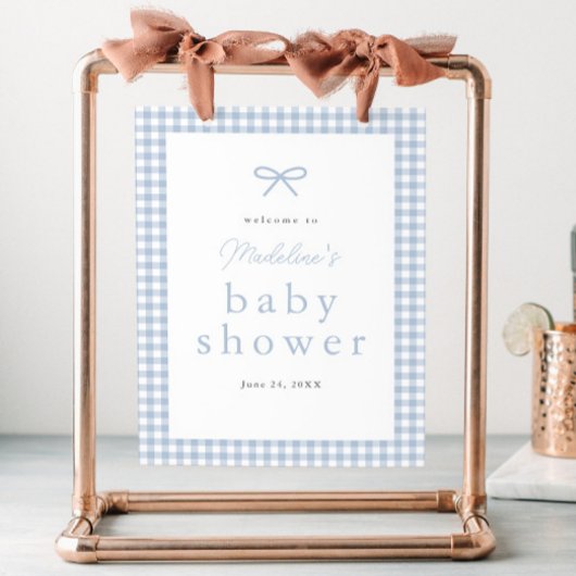 Simple Dusty Blue Gingham Boys Baby shower Welkom Poster