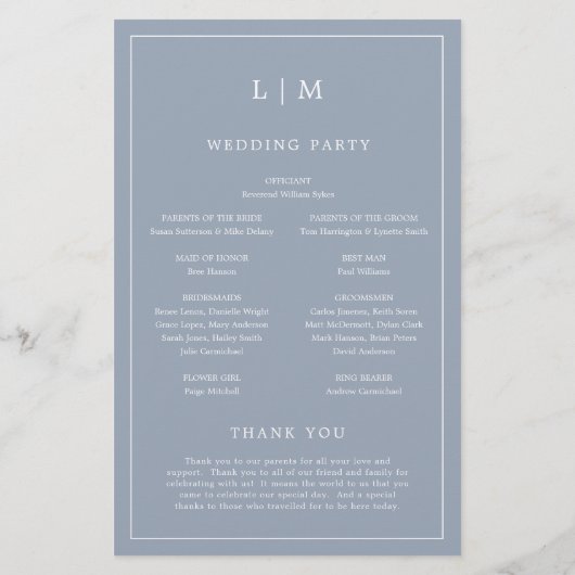 Simple Dusty Blue Monogramme Élégant programme de (Dos)