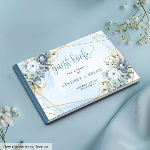 Simple Dusty Blue White Gold Flowers Livre d'or