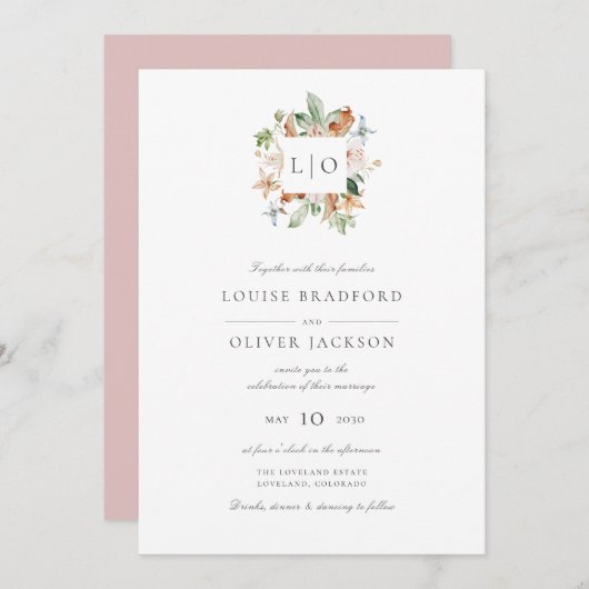 Simple Dusty Roos Waterverf Monogram Weddenschap Kaart (Voorkant / Achterkant)