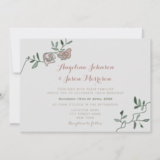 Simple Dusty Rose Greenery Mariage Invitation (Devant)