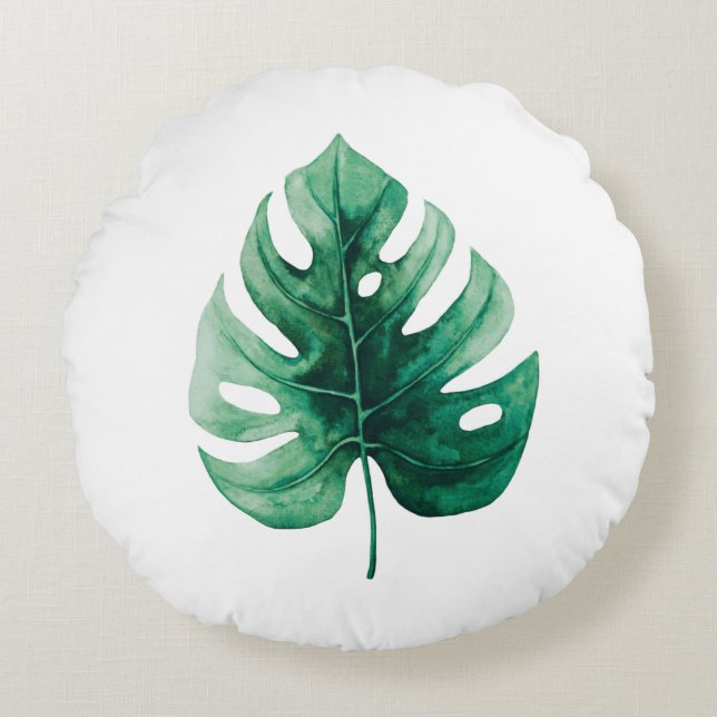 Simple Elegance Waterverf Green Monstera Leaf Rond Kussen (Voorkant)
