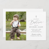 Simple Élégant Baptême de garçon Photo Invitation (Devant / Derrière)