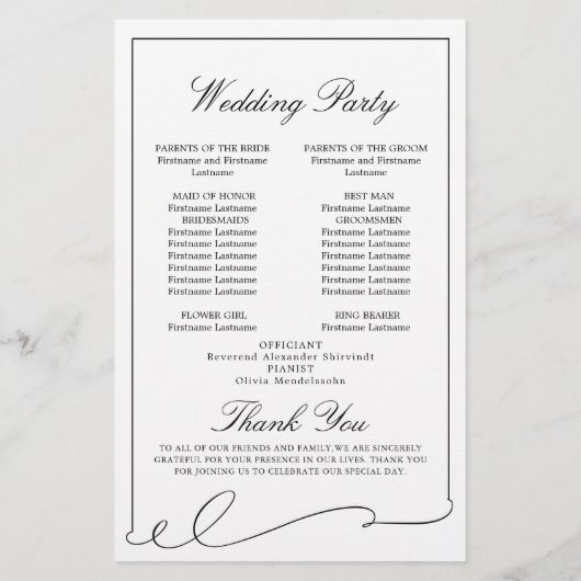 Simple Elegant Black and White Wedding Program (Achterkant)