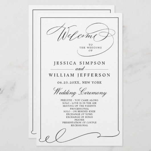 Simple Elegant Black and White Wedding Program (Voorkant / Achterkant)