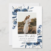Simple Elegant Blue Floral Script & Photo Wedding Save The Date (Voorkant)