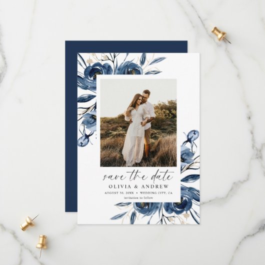 Simple Elegant Blue Floral Script & Photo Wedding Save The Date (Voorkant / Achterkant in situ)