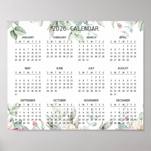 Simple Elegant Floral Botanical 2026 Calendar |  Poster (Voorkant)