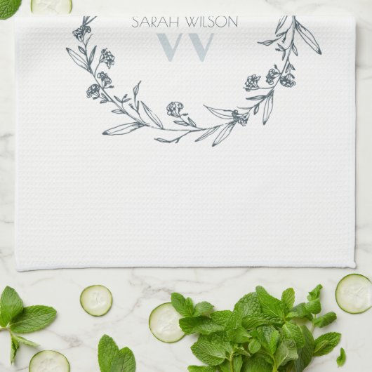 Simple Elegant Floral Laurel Wreate Monogram Theedoek (Gevouwen)