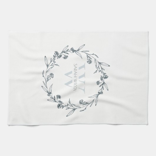 Simple Elegant Floral Laurel Wreate Monogram Theedoek (Horizontaal)