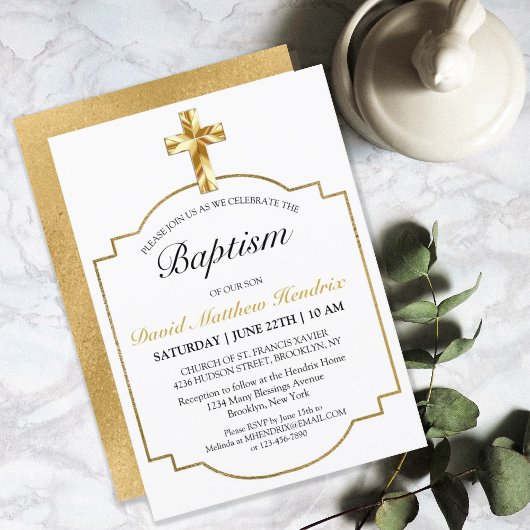 Simple Elegant Gold Cross Boys Baptism Invitation