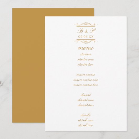 Simple Elegant Gold Monogram Wedding Menu Card (Devant / Derrière)