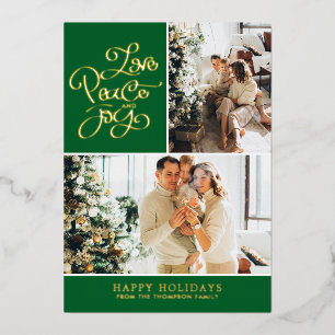 Simple Elegant Green Love Peace Joy Photo Collage Folie Feestdagenkaart