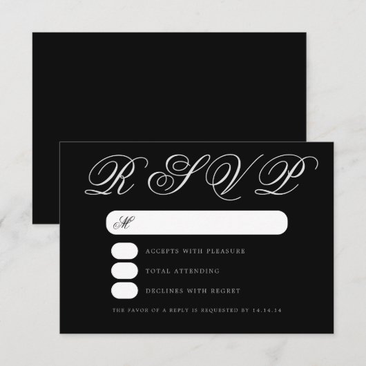 Simple élégant mariage noir script RSVP (Devant / Derrière)